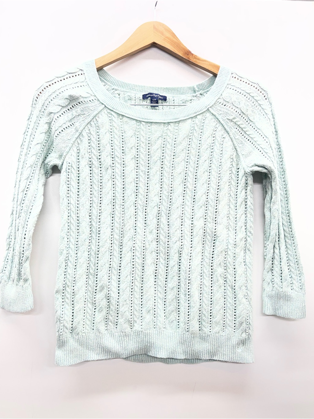 American Eagle Outfitters Mint Open-Stitch Cable Knit Sweater